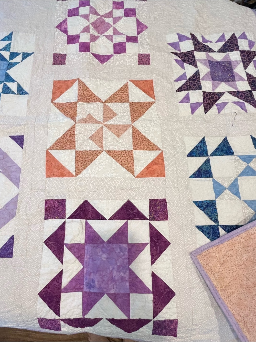 Handmade Cotton Patchwork Quilt with Purple, Blue, and Orange Blocks 41" Square